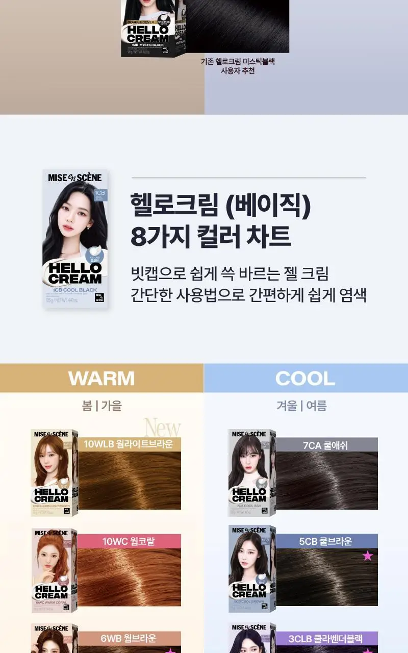 [NEW/염색+새치겸용] 미쟝센 헬로크림 더블커버 120G 염색(미스틱블랙 외 5종) 상세페이지 3